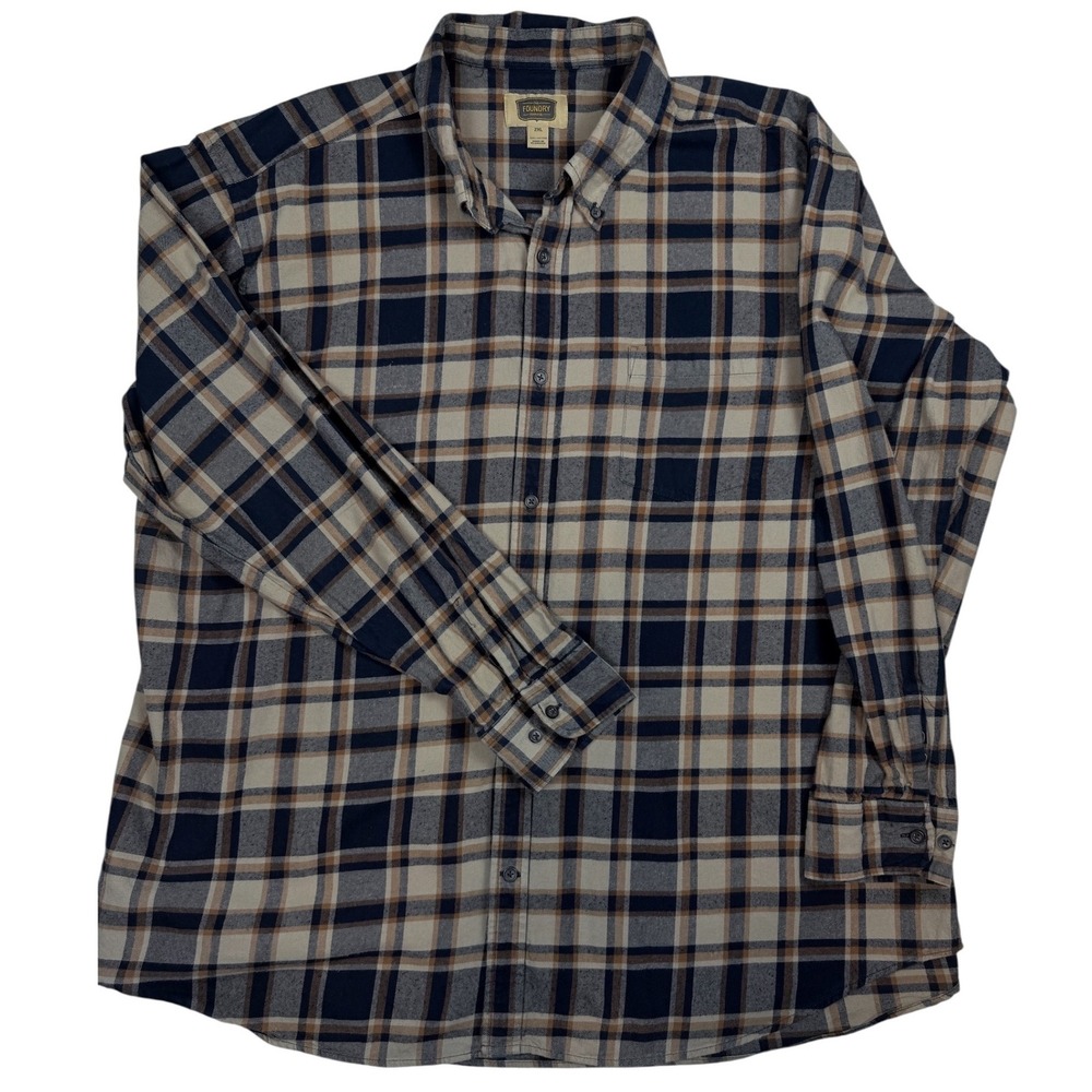 Foundry Supply Co Mens 2XL Plaid Flannel Shirt Tan Navy Blue Long Sleeve Cotton